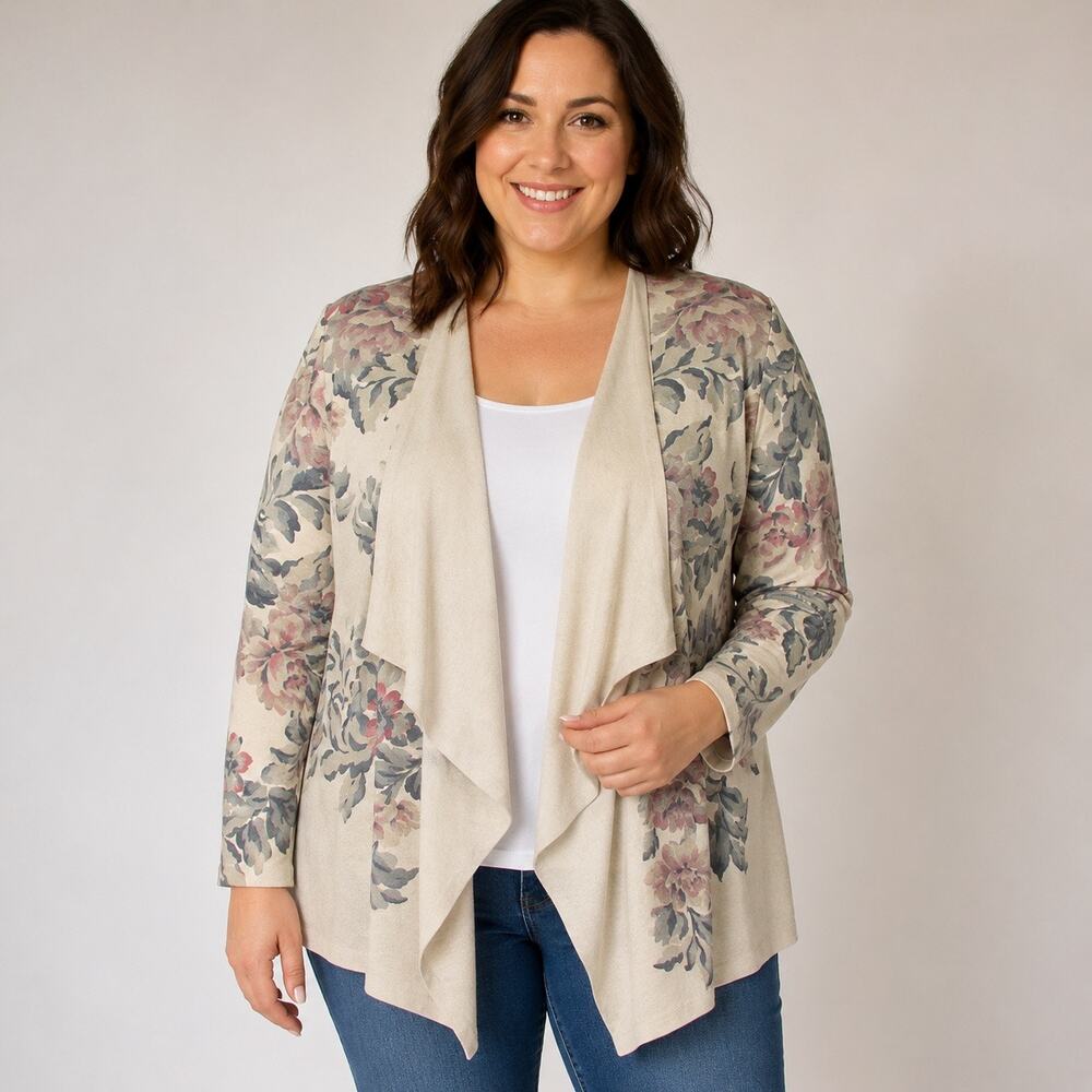 Soft Surroundings XL Floral Open Front Draped Faux Suede Cardigan Jacket Beige